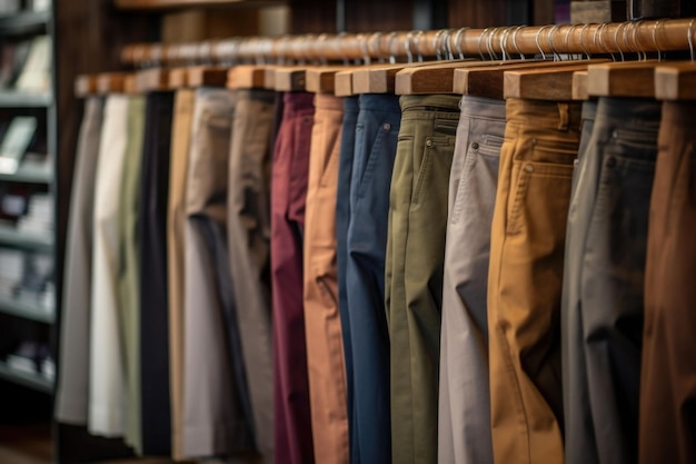 Hosen auf Kleiderbügeln in einem Bekleidungsgeschäft. Hosen lagern neue Kleidung während des Einkaufs. Generative KI