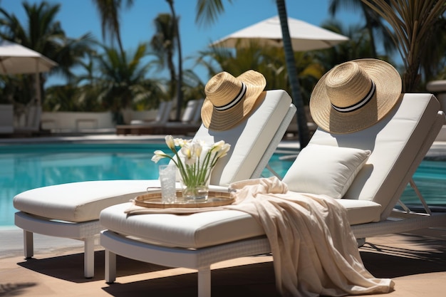 Hóspede relaxa na piscina ensolarada do hotel tropical generativo IA