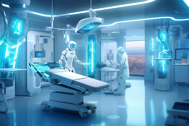 Hospital futurista con robots o laboratorio IA generativa