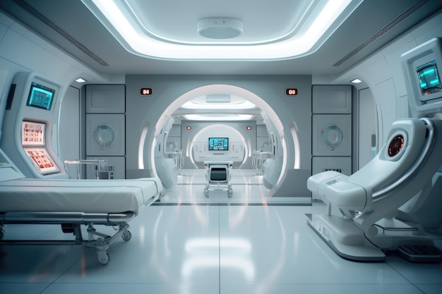 Hospital limpio y vacío futurista con herramientas médicas y pisos reflectantes