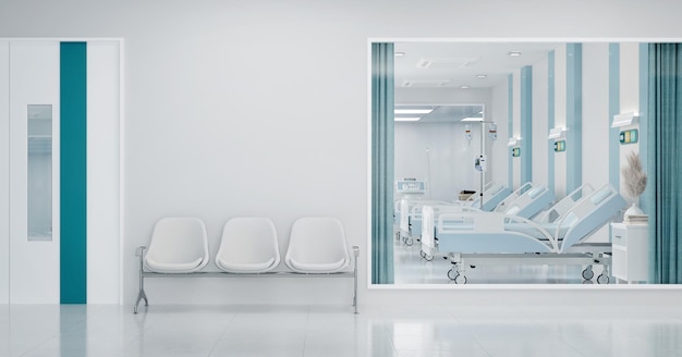 Hospital moderno con área de espera y cama de hospital en las habitaciones3d renderización
