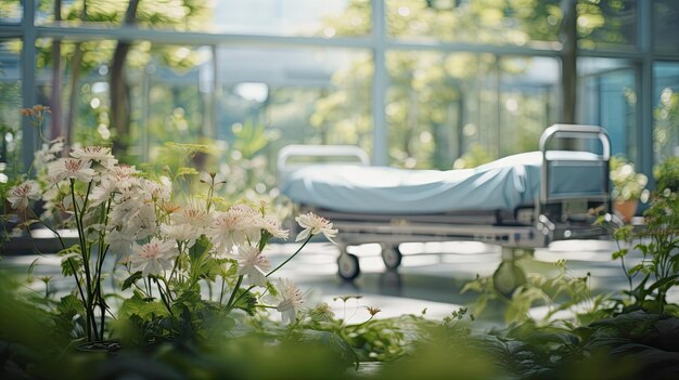 Hospital sala vacía contemporánea llena de flores concepto creativo de cuidado de la salud