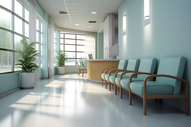 Foto un hospital con una silla verde y un escritorio con un cartel que dice hospital.