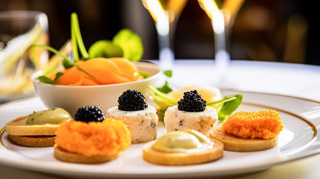 Foto hospitalidade alimentar e serviço de quarto aperitivos com caviar como cozinha requintada no restaurante do hotel menu à la carte arte culinária e refeições requintadas