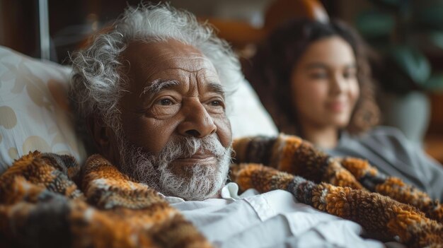 Foto hospizzimmer mit einem patienten, der von familienmitgliedern umgeben ist, friedliche und emotionale umgebung