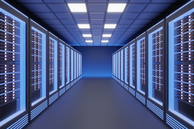 Foto hosting-server-computerraum mit blauem licht im schwarzen farbthema. 3d-illustrationsrendering.