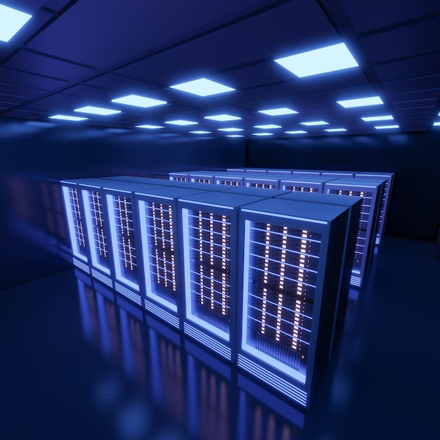 Hosting-Server-Computerraum mit blauem Licht im schwarzen Farbthema. 3D-Illustrationsrendering.