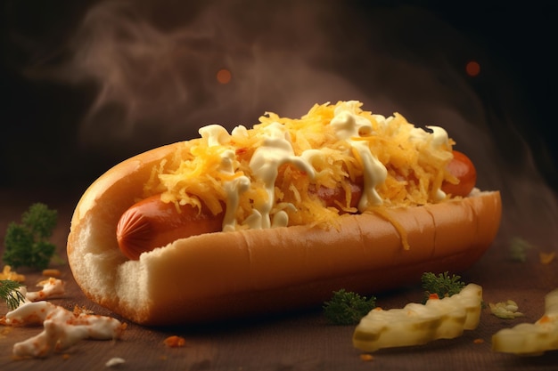 Hot Dog auf einem Brötchen mit Sauerkraut und geschmolzenem Käse