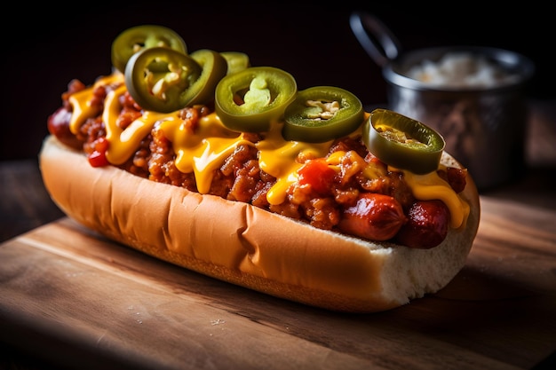 Foto un hot dog con chili y queso encima