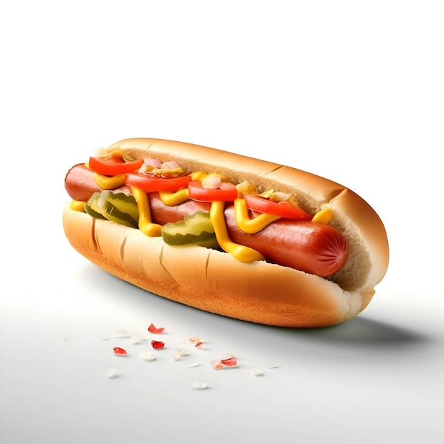 Hot dog com mostarda e ketchup em um fundo branco ilustração 3D