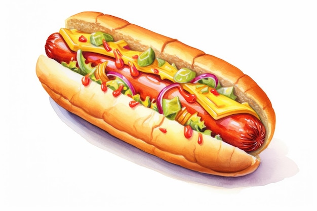 Foto hot dog de aquarela fresco e saboroso em fundo branco