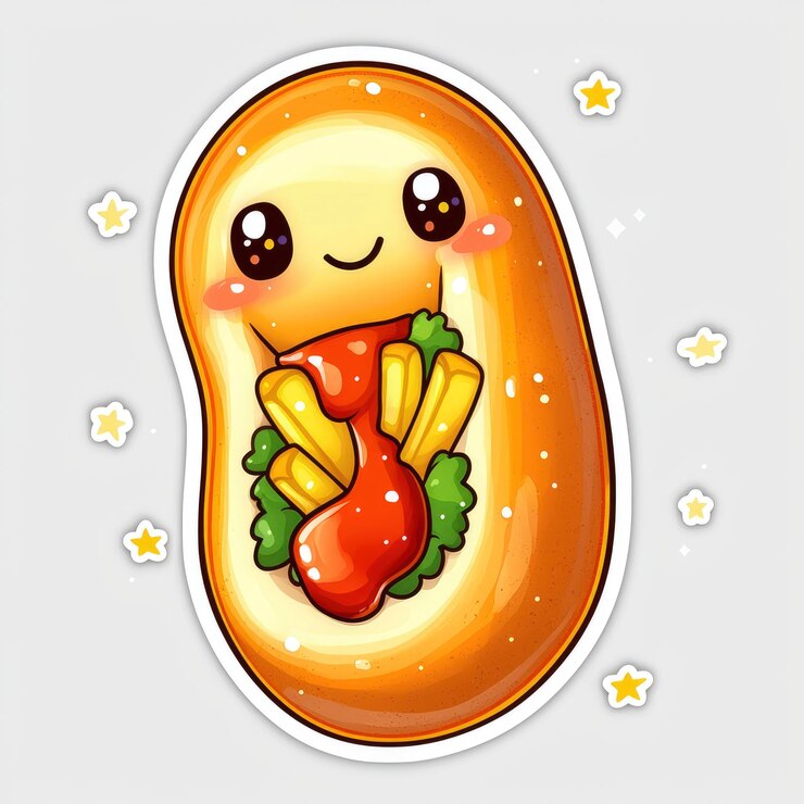 Foto hot dog de desenho animado com ketchup e batatas fritas