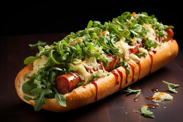 Foto hot dog gourmet com gruyere e arugula melhor fotografia de imagem de hot dog