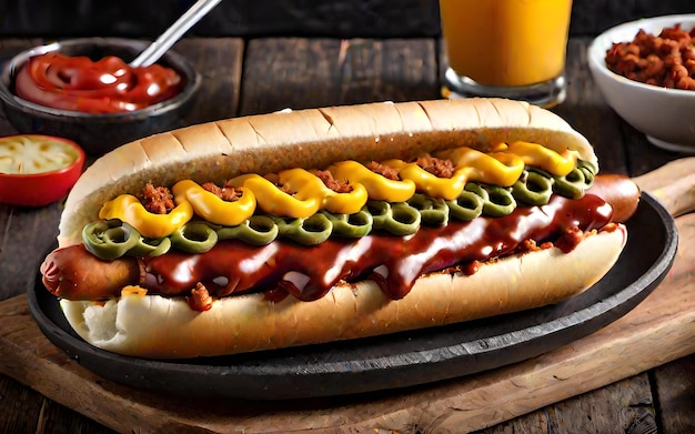 Hot-Dog-Grillwurst in einem Brötchen mit Soßen