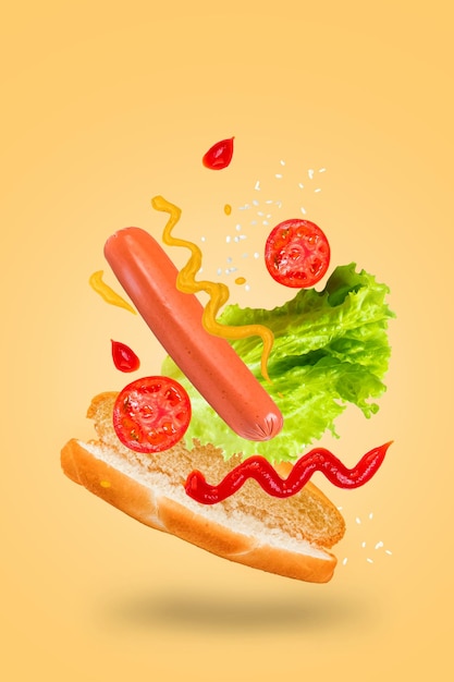 Foto hot dog levitando sobre fondo amarillo flying hot dog ingredientes