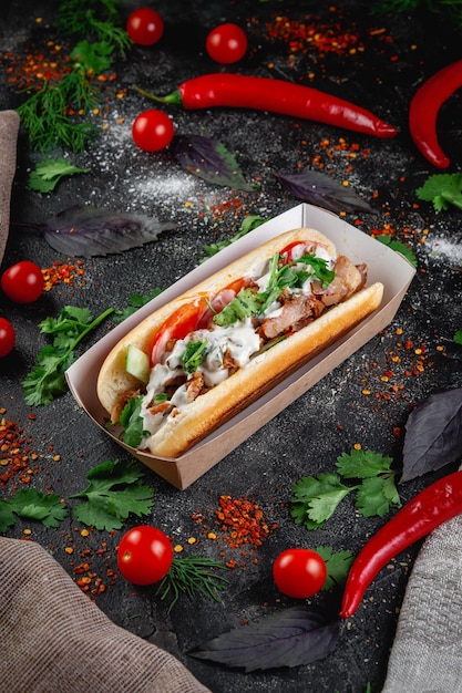 Hot Dog mit Gemüsefüllung mit Hühnerfleisch und Kräutern auf einem dunklen Steintisch Das Konzept von Fast-Food- und Lieferrestaurants