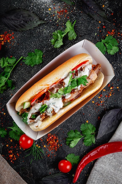 Hot Dog mit Gemüsefüllung mit Hühnerfleisch und Kräutern auf einem dunklen Steintisch Das Konzept von Fast-Food- und Lieferrestaurants