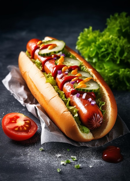 Hot Dog mit Gurken, gebratenen Zwiebeln, Sauce und Senf in Nahaufnahme auf rustikalem Hintergrund