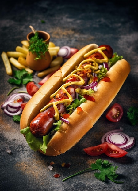 Hot Dog mit Gurken, gebratenen Zwiebeln, Sauce und Senf in Nahaufnahme auf rustikalem Hintergrund