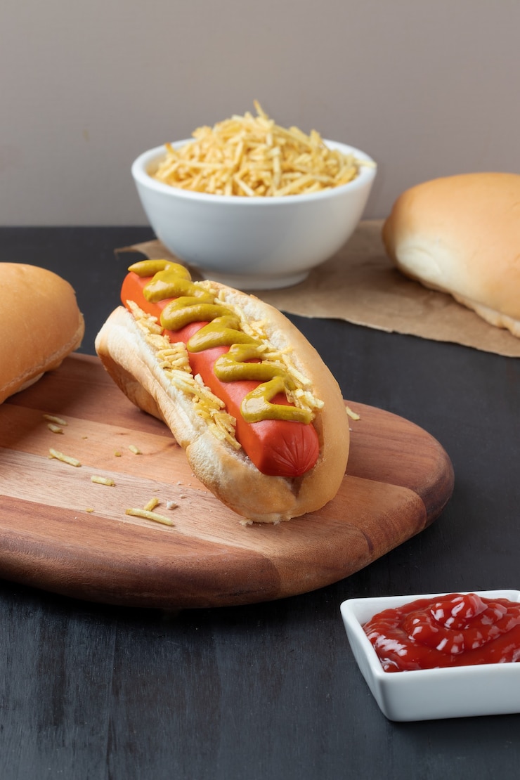 Hot Dog mit Senf, Ketchup und Kartoffelsticks.