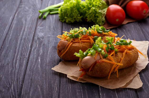 Hot Dog mit Wurst, Karotten, Zwiebeln, Salat