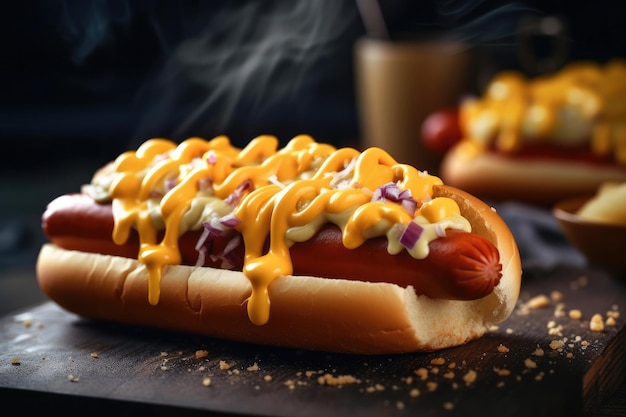 Hot Dog mit Wurstketchup-Senf und Brötchen