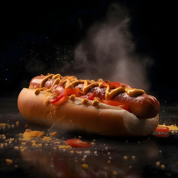 Hot dog con mostaza y ketchup sobre un fondo negro con humo