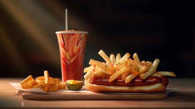 un hot dog y papas fritas están en una bandeja con una bebida.