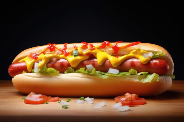 Hot dog con salchicha, pepinos, lechuga y tomates Menú de comida callejera IA generativa