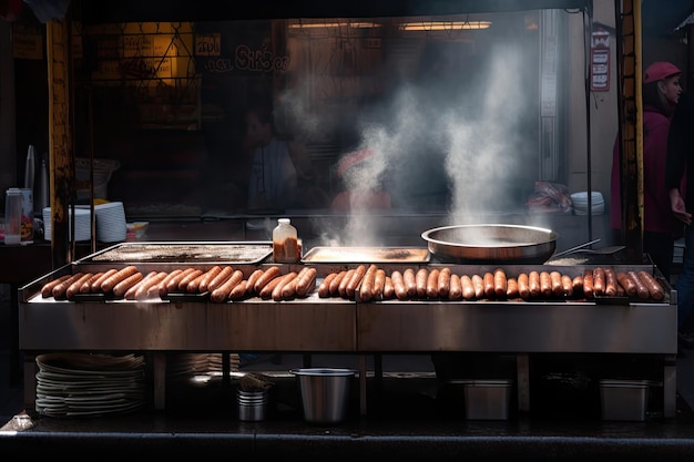 Hot-Dog-Stand mit Dampf, der aus frisch zubereiteten Würstchen auf dem Grill aufsteigt