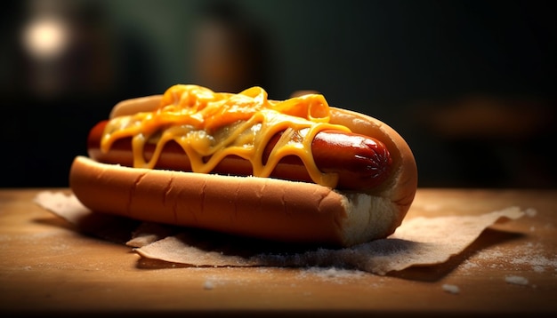 Hot dog de ternera a la parrilla sobre mesa de madera Almuerzo americano generado por inteligencia artificial