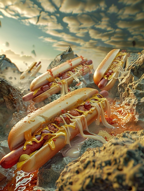 Hot Dogs treiben in einem surrealistischen Mustard River Canyon