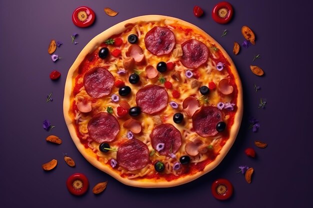 Hot-Pizza-Top-Ansicht Lila Hintergrund isoliert