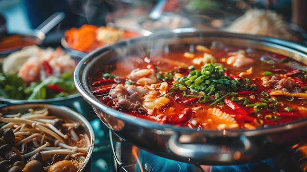 Hot Pot tailandés Una olla caliente comunitaria con varias carnes y verduras