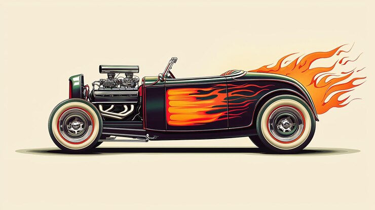 Foto hot rod clássico com um toque moderno com um motor de corpo exposto e grandes pneus traseiros mostrados em uma vista lateral vibrante com detalhes de chama personalizados