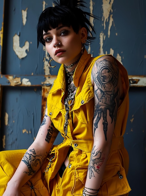 Hot Sexy Tattoo Girl en sesión de fotos de estilo de moda posa en la portada de una revista de moda con tinta en todo el cuerpo