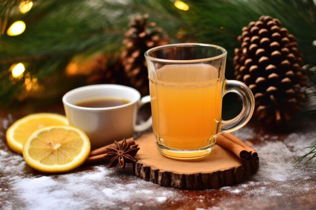 Hot toddy afuera en la nieve junto a piñas