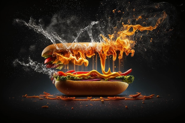 Hotdog ardente em um fundo preto