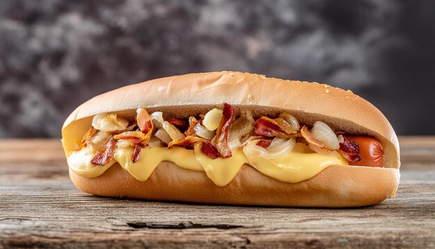 Hotdog com bacon crocante cebolas fritas queijo derretido e mostarda em mesa de madeira fast food saboroso
