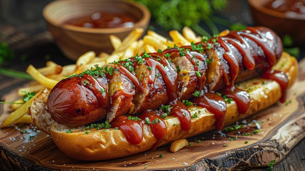 Hotdog com o lote incluindo cebolas fritas e picles extra longos