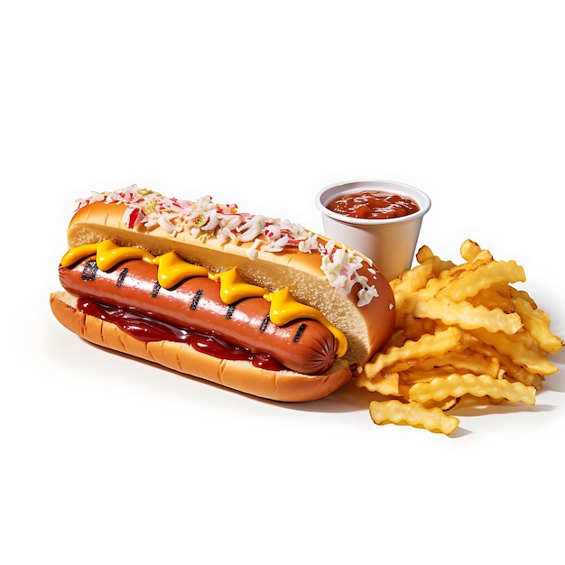 Hotdog fastfood hotdog salsas fondo blanco alto detallado