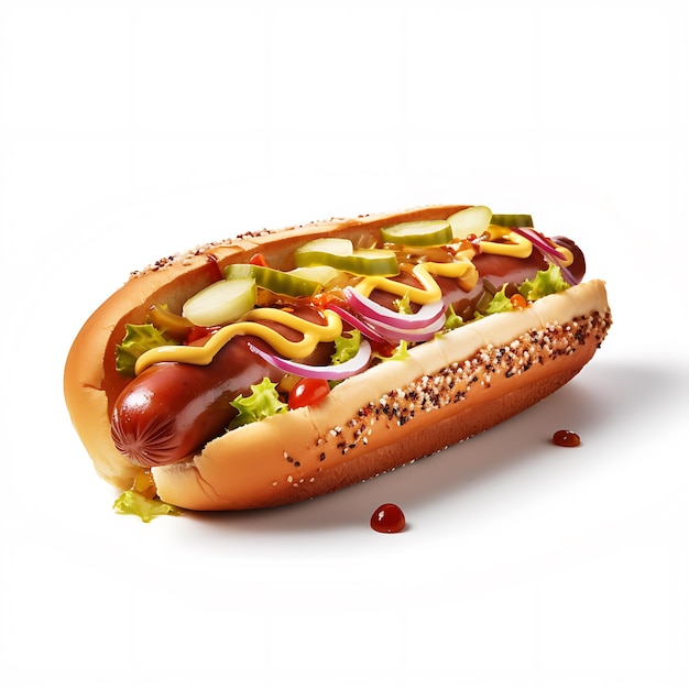 Hotdog fastfood hotdog salsas fondo blanco alto detallado