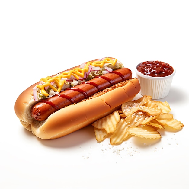 Hotdog-Fastfood-Hotdog-Saucen, weißer Hintergrund, hochdetailliert