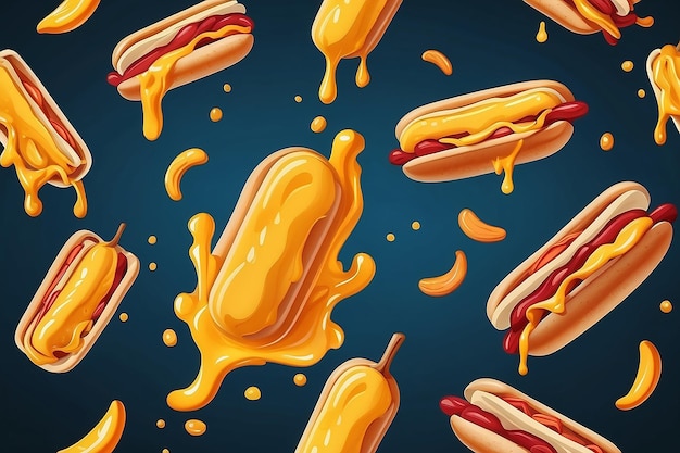 Hotdog-Food, das mit geschmolzenem Senf fliegt, Karikatur-Vektor-Ikonen-Illustration, Lebensmittelobjekt, isoliert, flach