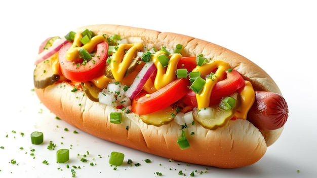 Hotdog im Chicago-Stil vor weißem Hintergrund