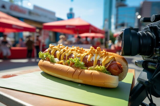 Foto hotdog mit einem food-blogger, der ein foto macht