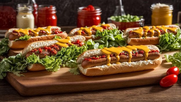 Hotdog mit frischen Salatblättern, Ketchup-Senf auf einem Holzbrett