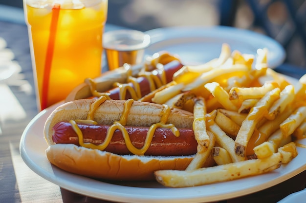 Foto hotdog mit getränk und pommes generative ki