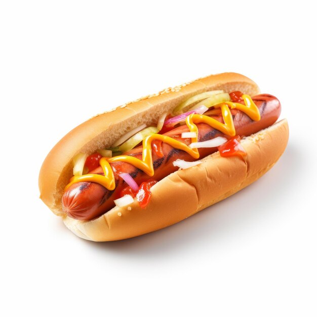 Hotdog mit Ketchup, Paprika und Senf auf weißem Hintergrund