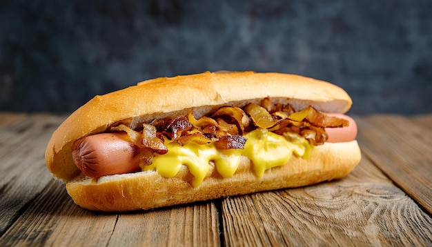Hotdog mit knusprigem Speck, gebratenen Zwiebeln, geschmolzenem Käse und Senf auf einem Holztisch, leckeres Fastfood